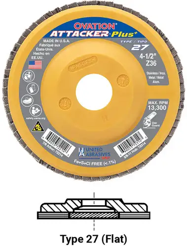 United Abrasives SAIT 72214 Ovation Attacker Plus High Density Disc | 4-1/2" Diameter | 7/8" Arbor Hole | Zirconium 36 Grit | Type 27 | Sold by Pack of 10