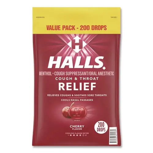 HALLS 00312546621534 Relief Cough Drops - Value Size Cherry (200/Pack)