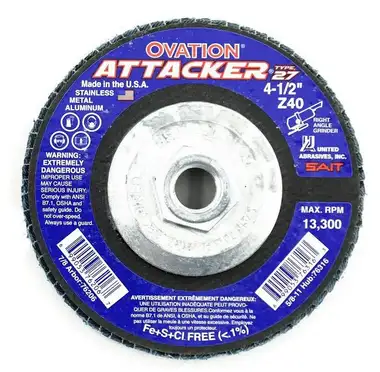 United Abrasives SAIT 76209 Ovation Attacker High Density Flap Disc | 4-1/2" Diameter | 7/8" Arbor Hole | Zirconium 80 Grit | Type 27 | Sold by Pack of 10