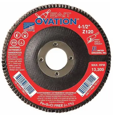 United Abrasives SAIT 78011 Ovation High Density Flap Disc | 4-1/2" Diameter | 7/8" Arbor Hole | Zirconium 120 Grit | Type 27 | Sold by Pack of 10