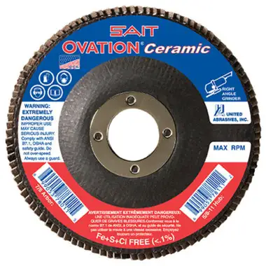 United Abrasives SAIT 78320 Ovation High Density Flap Disc | 4-1/2" Diameter | 5/8"-11 Arbor Hole | Ceramic 36 Grit | Type 27 | Sold by Pack of 10